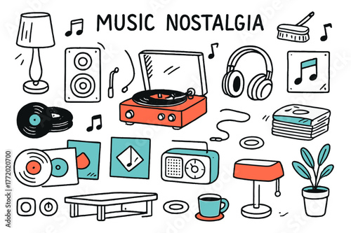 Retro Music Vibes. Music nostalgia. Hand-drawn doodle illustration record player (colored), vinyl records (colored), turntable (colored), speaker (colored),