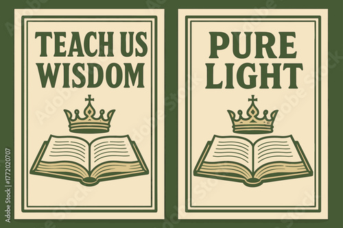 Retro Wisdom Banners. Seat of Wisdom. Two vertical A6 banners with safe margins, centered composition, no elements touching edges, retro, olive green and