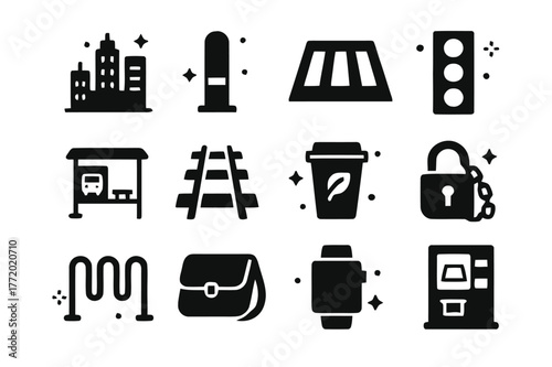Cycling Commute Essentials. Coastal city cycling commute. Solid icons set of Coastal city cycling commute: city skyline, bike lane bollard, crosswalk, traffic