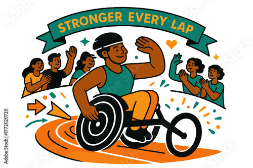 Wheelchair Racer Triumph. Wheelchair racer victory lap. Wheels sketch clean halos as the athlete salutes the crowd; ?Stronger every lap? ribbons above the