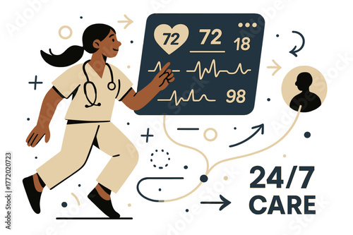 Remote Health Monitoring. Healthcare Tech ? Remote Monitoring. A nurse watches a floating dashboard with live vitals; thin pulse lines connect to a patient