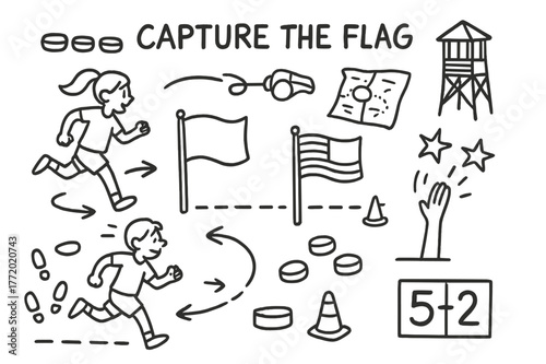 Capture the Flag. Capture the flag. Hand-drawn doodle illustration capture the flag two flags, boundary lines, cones, running kids, arrows for routes, team