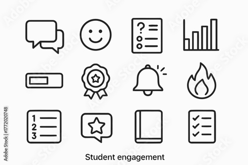 Online Engagement Icons. Student engagement. Line icon set of online engagement: discussion bubble, reaction emoji, quiz, poll, progress bar, badge, reminder