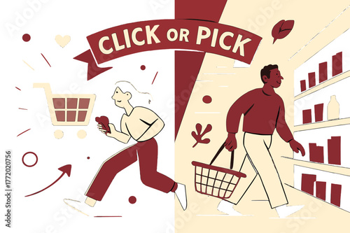 Shopping Choice_ Online vs Aisle. Shopping Habits ? Online Cart vs Aisle. Split scene: left shows a glowing cart icon; right shows a calm aisle with a basket.
