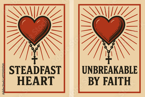 Steadfast Heart Banners. Unbreakable Heart. Two vertical A6 banners with safe margins, centered composition, no elements touching edges, retro, red and beige,