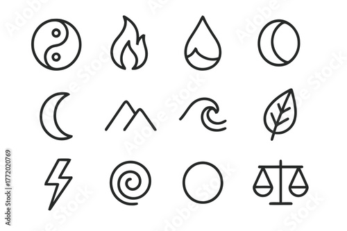 Opposing Forces Harmony Icons. Two opposing forces in harmony. Line icon set of two opposing forces in harmony: yin-yang symbol, fire, water, sun, moon,
