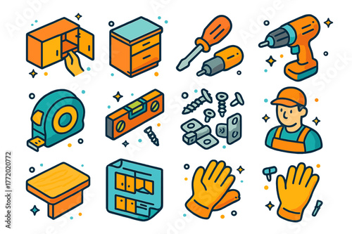 Kitchen Cabinet Installation Icons. Installing new kitchen cabinets. Colorful isometric vector icons set of installing new kitchen cabinets: upper cabinets,