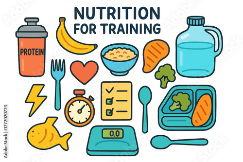Nutrition Training Essentials. Nutrition for training. Colorful Hand-drawn doodle Children illustration Nutrition for training protein shake, banana, oats