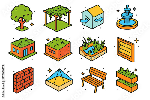 Green Urban Icon Grid. Green architecture in urban spaces without technology. Colorful isometric vector icons set of Green architecture in urban spaces without