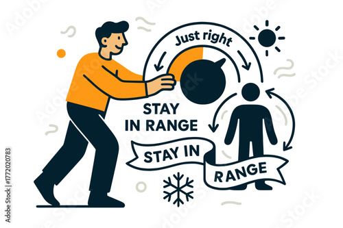 Thermostat Balance Artistry. Body temperature regulation. A character balances a thermostat dial marked ?Too cold - Just right - Too hot?; gentle arrows swirl