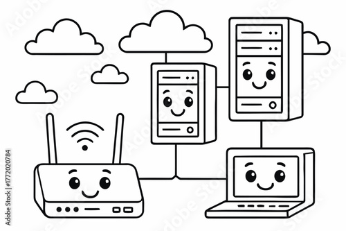 Digital Network Coloring Fun. Internet network children?s coloring book illustration, outlined drawing, smiling routers and servers connected by lines forming