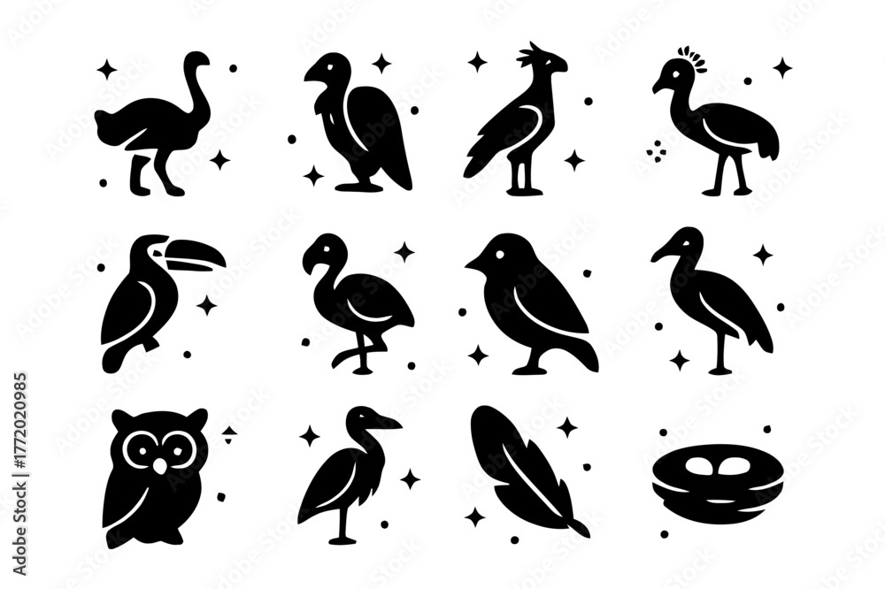 Naklejka premium Savanna Bird Icons. Savanna Birds. Solid icons set of Savanna Birds: ostrich, vulture, secretary bird, crowned crane, hornbill, flamingo, weaver bird, stork,
