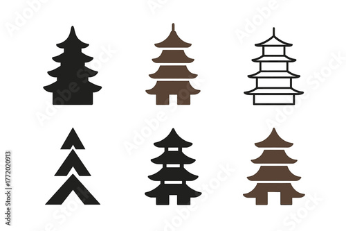 Asian Pagoda Logo Set. Asia. Set Logo of Asia: Tiered pagoda tower. Icon set. harmonious logo variations of the same emblematic concept, each with different