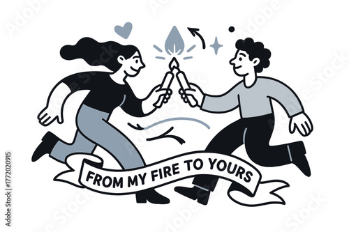 Passing the Flame. Keeper of the Hearth ? Passing the Flame. Two figures touch candles tip-to-tip; a soft spark bridges the light. Ribbon reads ?from my fire