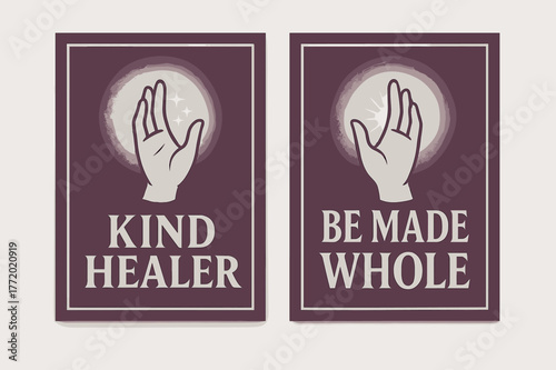Healing Hand Banners. Healing Touch. Two vertical A6 banners with safe margins, centered composition, no elements touching edges, bold, plum and silver,