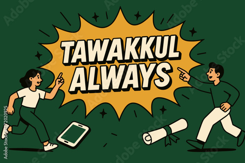Tawakkul Always Banner. Tawakkul Always banner, flat vector illustration, bold oversized text inside comic burst banner, cartoon characters running and