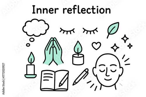 Inner Reflection Symbols. // Inner reflection. Hand-drawn doodle illustration Inner reflection [hands clasped (accented), closed eyes (accented), candle flame