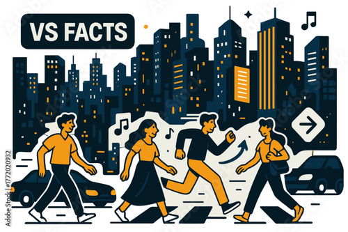 Vibrant Urban Energy. VS FACTS. Vibrant cityscape, bustling streets, towering skyscrapers, neon lights. Cars moving, people walking, music playing. Modern flat