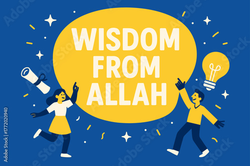Wisdom from Allah Banner. Wisdom from Allah banner, flat vector illustration, bold oversized text inside rounded blob, cartoon characters dancing and pointing