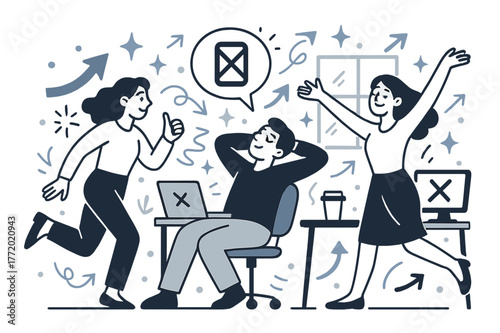 Digital Detox Office. Digital detox for employees. Office room with devices turned off and abstract floating icons, arrows, and sparkles; conveys mental