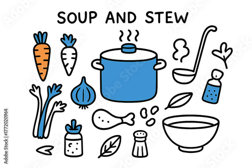 Soup Doodle Elements. // Soup and stew. Hand-drawn doodle illustration Soup and stew [stockpot (accented), ladle, carrots (accented), celery, onion (accented),