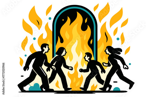 Silhouettes at Fiery Gates. Figures Walking Towards Fiery Gates. Close-up of silhouettes walking toward glowing fiery gates with floating abstract geometric