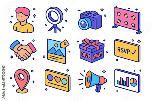 Influencer Icons Set. Influencer meetup. Colorful isometric vector icons set of Influencer meetup: creator avatar, ring light, vlog camera, branded backdrop,