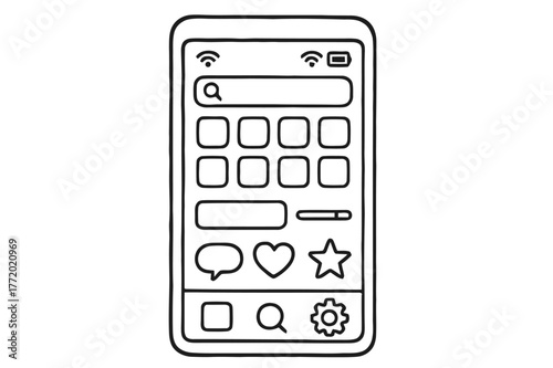 Doodle Mobile Icons. Mobile interface. Hand-drawn doodle illustration Mobile interface phone screen, app grid, button, slider, chat bubble, notification bell,
