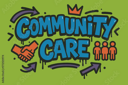 Community Graffiti Art. Community Care ? Graffiti Simplified; lettering: thick bubble/block, tilted; effects: dripping outlines, flat spray fills; background: