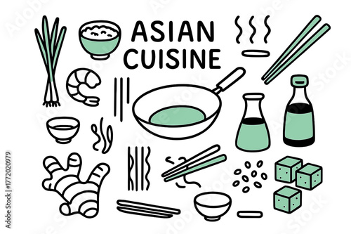 Asian Cuisine Doodle. // Asian cuisine. Hand-drawn doodle illustration Asian cuisine [wok pan (accented), chopsticks (accented), rice bowl, soy sauce bottle