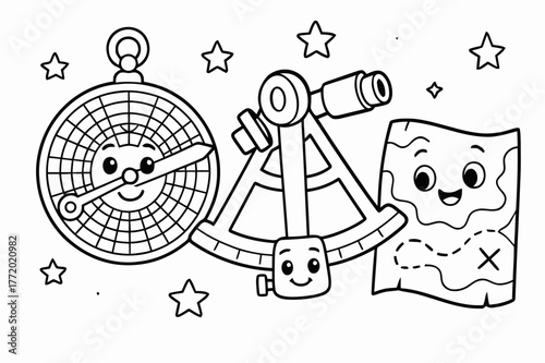 Historical Navigation Coloring. Navigation tools of the past children?s coloring book illustration, outlined drawing, friendly cartoon versions of an