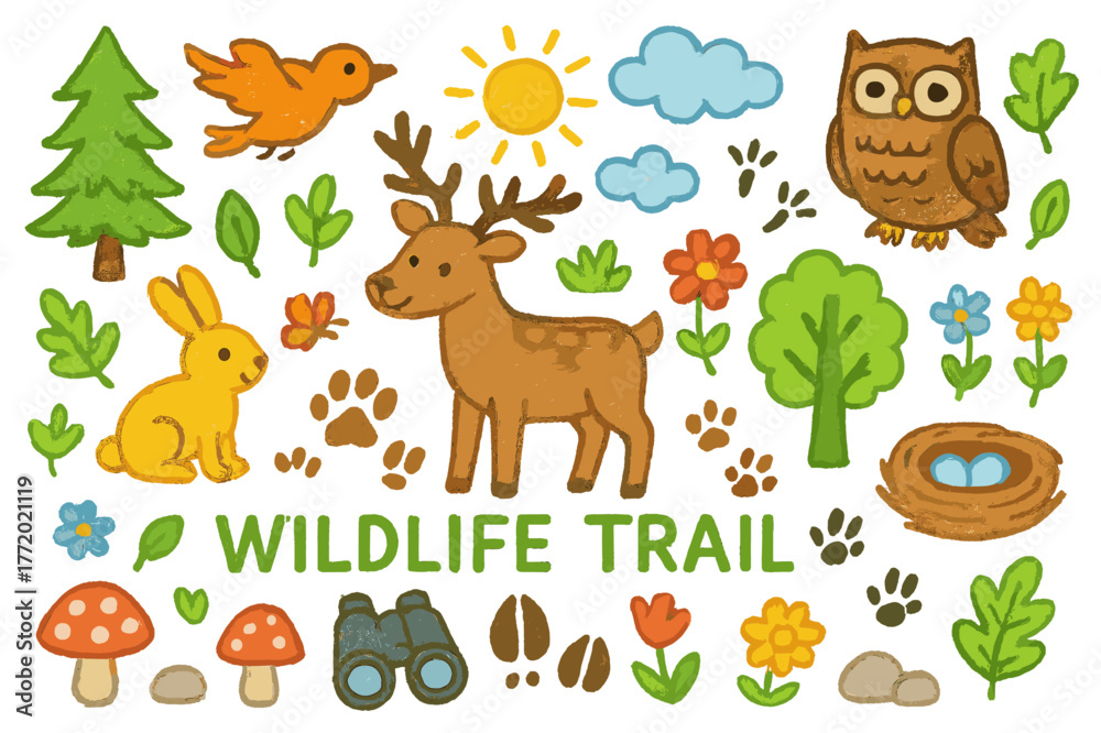 Naklejka premium Wildlife Trail Adventure. Wildlife trail. Colorful Hand-drawn doodle Children illustration Wildlife trail footprints, deer, rabbit, bird, owl, trees,