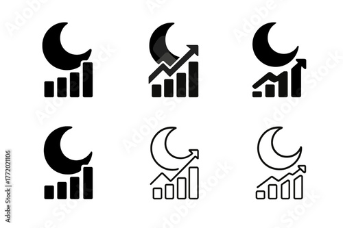 Crescent Moon Logos. Sleep and recovery. Set Logo of Sleep and recovery: crescent moon over recovery graph. harmonious logo variations of the same emblematic