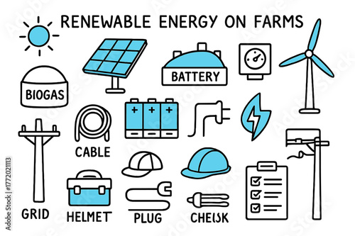 Farming Renewable Energy. Renewable energy on farms. Hand-drawn doodle illustration renewable energy on farms solar array (accented), wind turbine (accented),