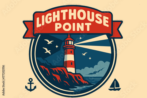 Lighthouse Retro Poster. Lighthouse Point ? Retro Poster; lettering: bold rounded; composition: ribboned seal with side icons; effects: halftone rim + gentle