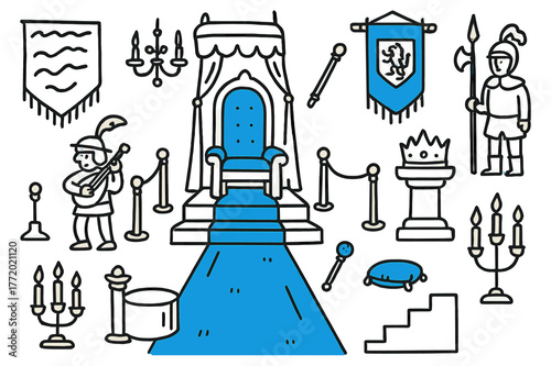 Regal Throne Room Doodles. Throne room. Hand-drawn doodle illustration throne room [throne chair (accented), canopy (accented), red carpet, scepter (accented),