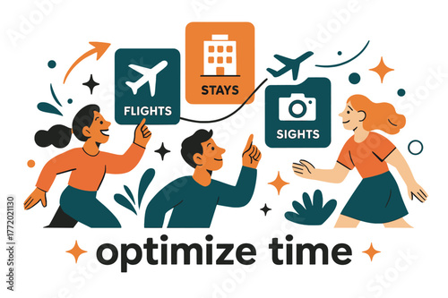 AI Travel Itinerary. AI Assistants ? Trip Planner. Cards for flights, stays, and sights snap into a smooth itinerary line; a tiny plane follows the path.