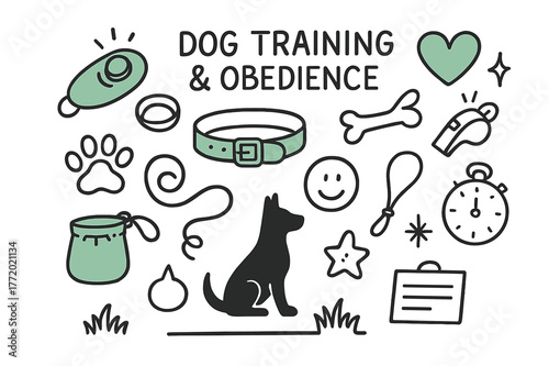 Dog Training Doodles. Dog training & obedience. Hand-drawn doodle illustration dog training & obedience [clicker (accented), collar (accented), whistle