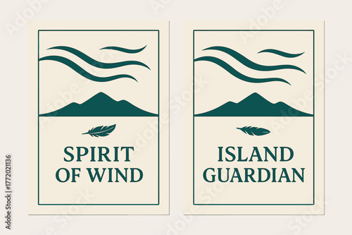 Sacred Wind Banners. Sacred Winds. Two vertical A6 banners with safe margins, centered composition, no elements touching edges, minimal, emerald and cream,