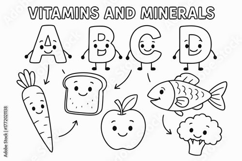 Vitamin-Food Coloring Fun. Vitamins and minerals children?s coloring book illustration, outlined drawing, smiling letter icons like A, B, C, D next to friendly