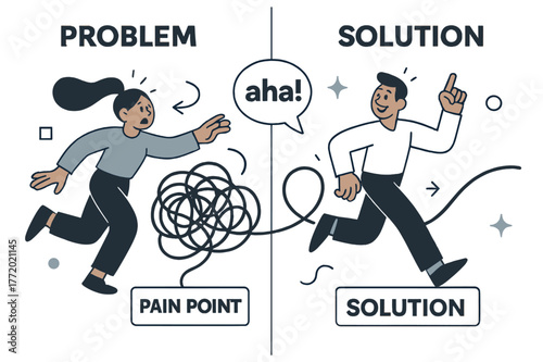 Problem Versus Solution. Pitch Deck ? Problem & Solution. Split scene shows a tangled knot labeled ?pain point? and a smooth line labeled ?solution.? Text