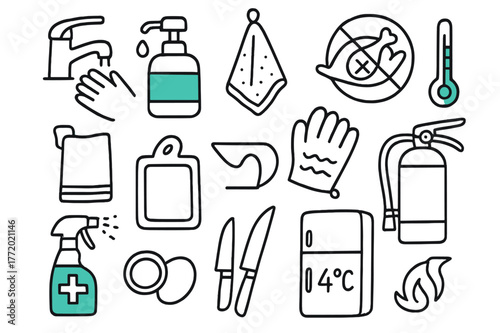 Kitchen Safety Essentials. // Kitchen safety & hygiene. Hand-drawn doodle illustration Kitchen safety & hygiene [handwashing tap (accented), soap dispenser
