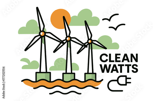 Wind Turbine Harmony. Offshore Wind Turbines. Slow-blade giants turn above gentle waves as seabirds trace tidy arcs; ?Clean Watts? hovers near a cable icon.