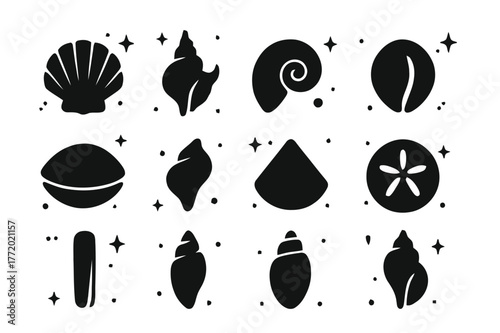 Minimalist Seashell Icons. Minimalist Seashell Silhouettes. Solid icons set of Minimalist Seashell Silhouettes: scallop silhouette, conch silhouette, nautilus