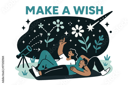 Starlit Meadow Wish. Stargazing on the field. Figures lie back on a blanket as constellations connect into meadow flowers; ?Make a wish? sparkles. A telescope