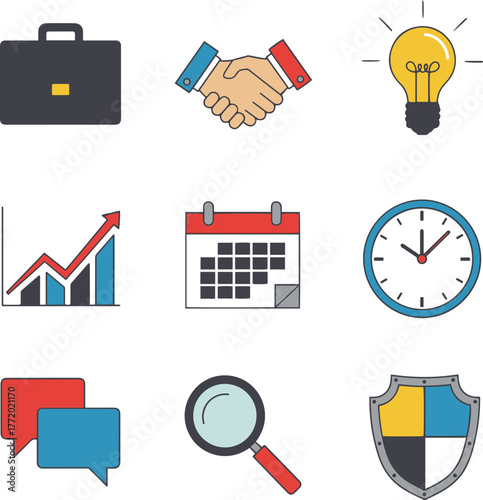 A set of nine outline style flat design vector icons representing business, strategy, and security, featuring a briefcase, handshake, lightbulb, bar graph with arrow, calendar, clock, chat bubbles, ma