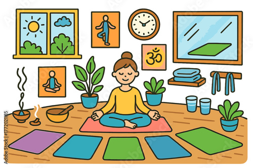 Morning Yoga Harmony. Yoga studio morning. Colorful Hand-drawn doodle Children illustration Yoga studio morning windows with light, yoga mats, clock,