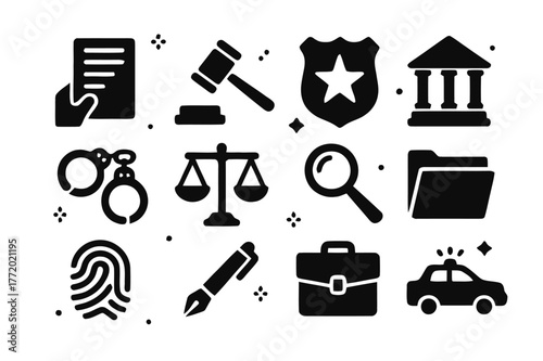Law & Order Icons. Law & Order. Solid icons set of Law & Order: hand holding document, gavel, police badge, courthouse, handcuffs, legal scale, magnifying