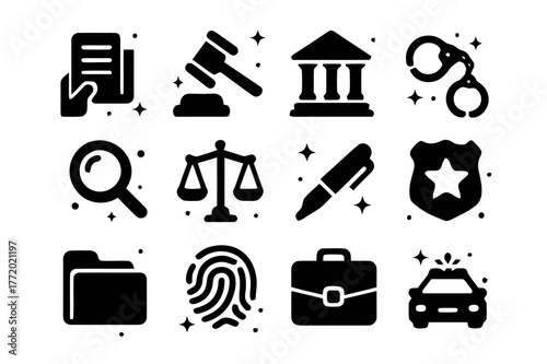 Legal Symbol Icons. Legal Action. Solid icons set of Legal Action: hand holding document, gavel, courthouse, handcuffs, magnifying glass, legal scale, pen,