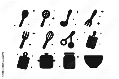 Wooden Spoon Icons. Wooden Spoon. Solid icons set of Wooden Spoon: cooking spoon, slotted spoon, ladle, spatula, fork, whisk, measuring spoon, rolling pin,